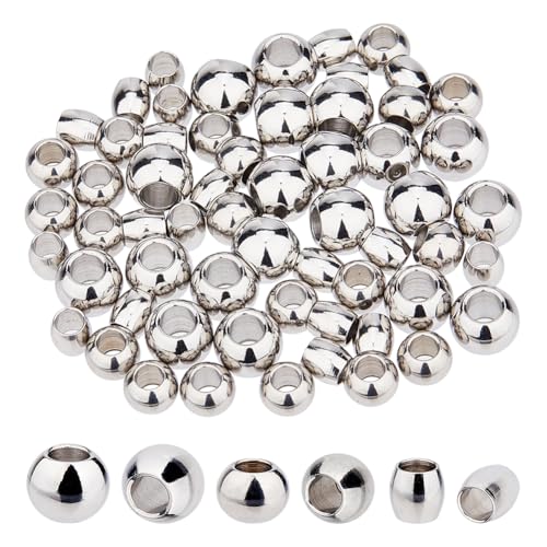 DICOSMETIC 60 Stück 6/8/10mm Antike Silber Europäische Perlen Großem Loch Fassperlen Edelstahl Runde Perlen Metall Glatte Abstandshalterperlen Nahtlose Perlen Für Die Schmuckherstellung von DICOSMETIC