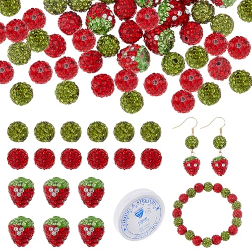 DICOSMETIC 60 Stück Erdbeerperlen, Strass, Polymerton, Kristallperlen, rot-grün, Discokugel-Perlen mit elastischem Faden, für Armband, Halskette, Ohrringe, Schlüsselanhänger, Schmuckherstellung von DICOSMETIC