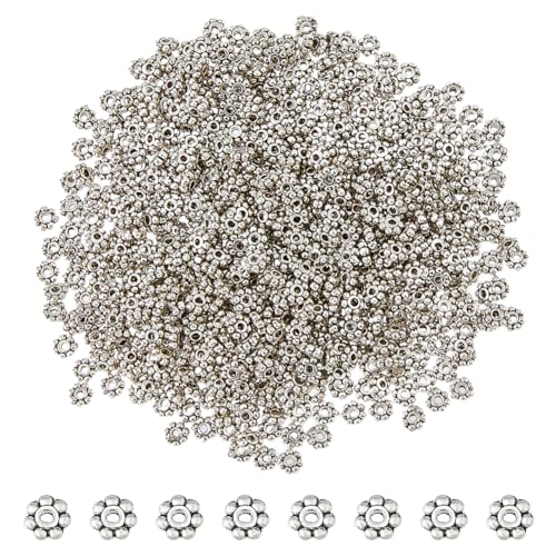 DICOSMETIC 600 Stück Blumen-Abstandshalter, Antik-Silberperlen, Legierung, lose Abstandshalter, kleine Metallperlen für DIY-Armbänder, Schmuckherstellung, Loch: 1 mm von DICOSMETIC