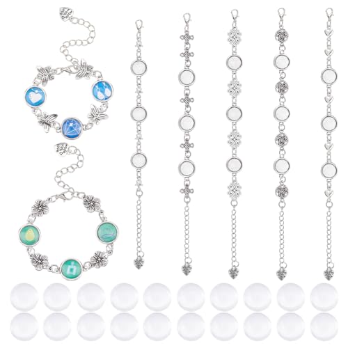 DICOSMETIC 7 Setzt Armband Lünette Einstellungen 12mm Legierung Tablett Armband Rohlinge Schmuck Basis Cabochon Tablett Mit Blumenkette Metall Schmetterling Stern Armband Für Schmuckherstellung von DICOSMETIC