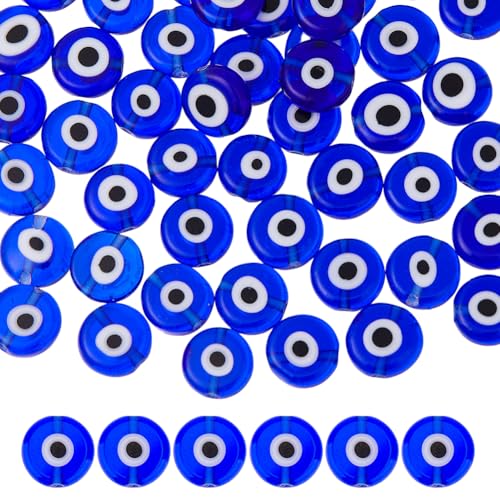 DICOSMETIC 76 Stück Böser Augenperlen Blaue Glasperlen Türkische Handgefertigte Perlen Lampwork Glasperlen Flache Runde Lose Perlenstränge Für Die Schmuckherstellung Bohrung: 1mm von DICOSMETIC