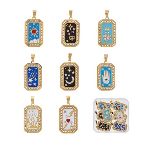 DICOSMETIC 8 Stück 8 Designs 304 Edelstahl Tarot Anhänger Emaille Strass Goldene Tarot Anhänger Rechteckige Tarot Karten Anhänger Für Schmuckherstellung 32x19.5mm von DICOSMETIC