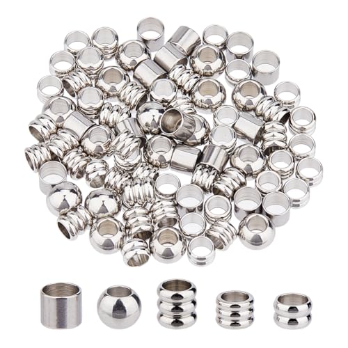 DICOSMETIC 80 Stück 5 Stile Antik Silber Europäische Perlen Mit Großem Loch Säulenperlen Aus Edelstahl Metall perlen Für Zöpfe Metallröhrenrunde Perlen Für Schmuckherstellung von DICOSMETIC