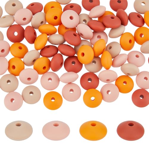 DICOSMETIC 80 Stück Linsen Silikon Lose Perlen 4 Farben Abakus Perlen 11.5x7 mm Untertasse Lose Silikon Abstandsperlen Für Die Herstellung von Schlüsselanhänger Schmuck Orange Serie von DICOSMETIC