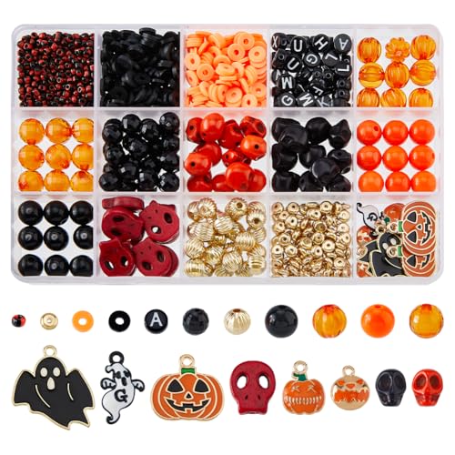 DICOSMETIC Ca. 630 Stück Halloween-Perlen, Armbandherstellungs-Set, Kürbis, Totenkopf, Ton, Buchstaben, lose Perlen, Acryl, Rocailles, Emaille, Geisterkürbis-Anhänger für Halloween-Bastelarbeiten DICOSMETIC Ca. 630 Stück Halloween-Perlen, Armbandherstellungs-Set, Kürbis, Totenkopf, Ton, Buchstaben, lose Perlen, Acryl, Rocailles, Emaille, Geisterkürbis-Anhänger für Halloween-Bastelarbeiten von DICOSMETIC