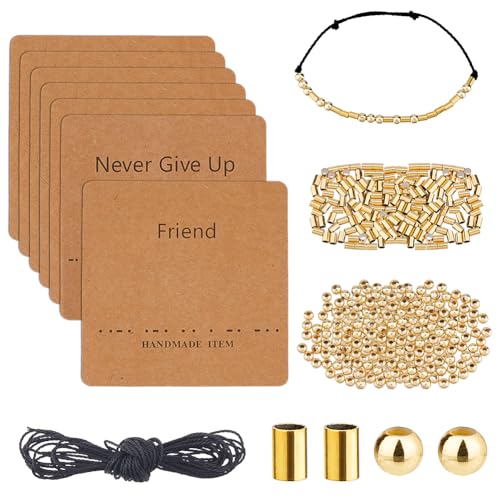 DICOSMETIC DIY Morse Code Armband Perlen Set Inklusive 200 Stück 2 Stilen Goldene Edelstahlperlen In Großpackung 5.46 Meter Gewachster Baumwollkordel 14 Stück Armband Displaykarten von DICOSMETIC