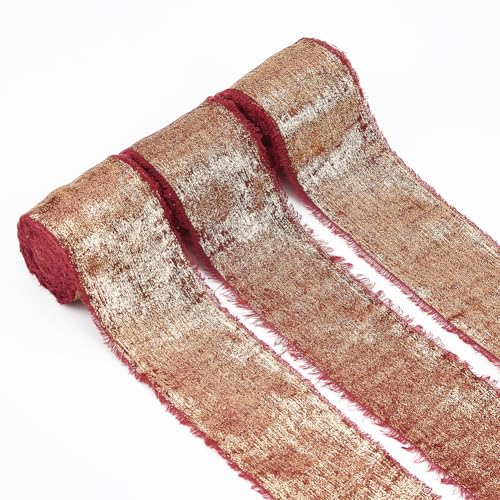 DICOSMETIC Glitzer-Chiffonband, 16,4 m, 3 Rollen, dunkelrot, ausgefranstes Band, 40 mm breit, handgefertigt, Fransen, schimmerndes Polyesterband für Blumenstrauß, Geschenkverpackung, Hochzeit von DICOSMETIC