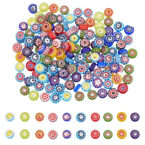 DICOSMETIC Millefiori Glasperlen, 8 x 4 mm, Mosaik-Glasperlen, runde Blumen-Perlen, handgefertigte Blumenperlen für Ohrringe, Armbänder, Schmuckherstellung, Loch: 2 mm (Kürbisform), 150 Stück von DICOSMETIC