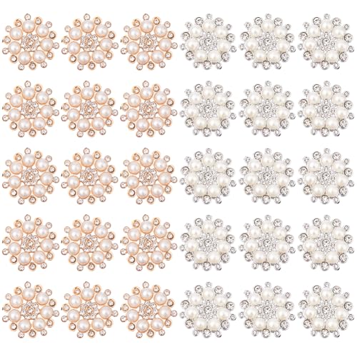 DICOSMETIC Strass-Knöpfe mit Kunstperlen, Kunststoff, flache Rückseite, Blumenknöpfe für Scrapbooking, Dekoration, Kleidung, Tasche, Schuhe, Schmuckherstellung, DIY, Hochzeitsstrauß, 30 Stück von DICOSMETIC