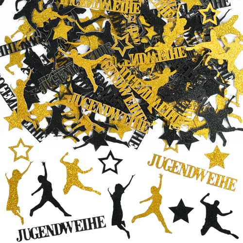 100 PCS Jugendweihe Deko, Jugendweihe Deko Konfetti, Konfetti Jugendweihes, Jugendandacht Dekorieren Mit Figuren- und Sternenmuster - Streudeko Tischdeko Jugendweihe Schwarz Gold von DIELIANHUA