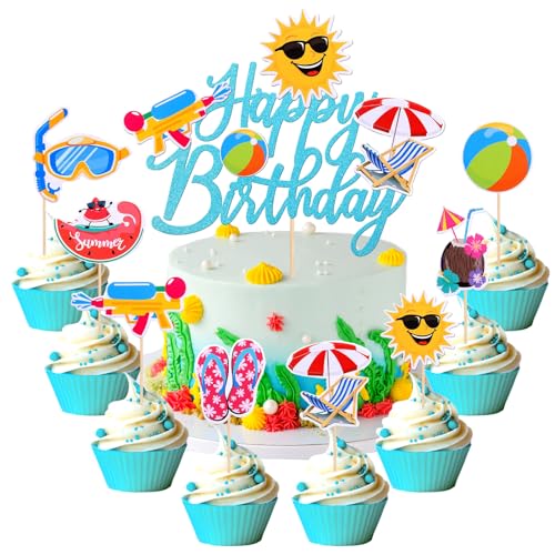 25 Stück Sommer Tortendeko, Pool Strand Cake Topper Glänzend Kuchen Deko, Hawaiisch Strand Sonne Regenschirm Ball Hausschuhe Kuchen Deko, für Sommer-Surf Thema Partyzubehör von DIELOVEHUA