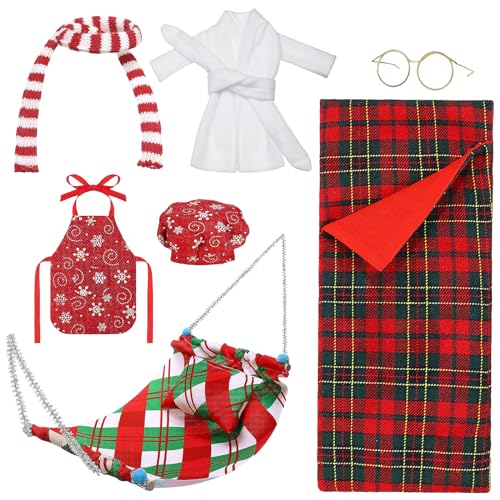 8 Stück Weihnachtself Zubehör, Weihnachten Elf Puppe Kostüm Zubehör, Weihnachts Kleidung für Mini Puppen, Schlafsack, Hängematte, Bademantel, Brille, Schal, Schürze, Kochmütze, Kissen 8 Stück Weihnachtself Zubehör, Weihnachten Elf Puppe Kostüm Zubehör, Weihnachts Kleidung für Mini Puppen, Schlafsack, Hängematte, Bademantel, Brille, Schal, Schürze, Kochmütze, Kissen von DIELOVEHUA