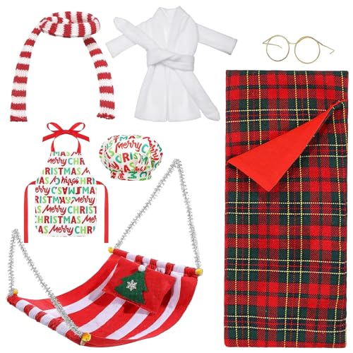 8 Stück Weihnachtself Zubehör, Weihnachten Elf Puppe Kostüm Zubehör, Weihnachts Kleidung für Mini Puppen, Schlafsack, Hängematte, Bademantel, Brille, Schal, Schürze, Kochmütze, Kissen 8 Stück Weihnachtself Zubehör, Weihnachten Elf Puppe Kostüm Zubehör, Weihnachts Kleidung für Mini Puppen, Schlafsack, Hängematte, Bademantel, Brille, Schal, Schürze, Kochmütze, Kissen von DIELOVEHUA