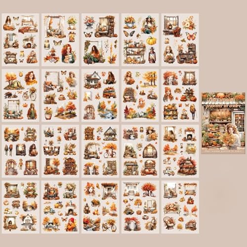 DIELOVEHUA 20 Blatt Scrapbooking Sticker, Blumen Landschaft Scrapbook Aufkleber, Jahreszeiten Stickers, PET Ästhetische Vintage Aufkleber, für DIY Scrapbook, Journaling, Fotoalben (Herbst) von DIELOVEHUA