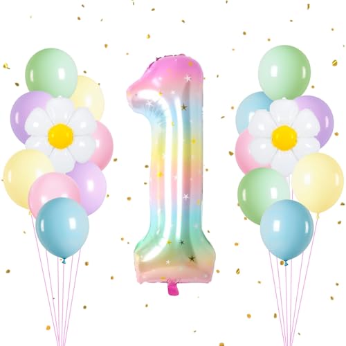 Luftballon 1. Geburtstag, Luftballon 1. Geburtstag Regenbogen Farbverlauf, Weiß Gänseblümchen Folienballons, Latex Partyballons für Kindergeburtstag Babyparty Jubiläum Party von DIELOVEHUA