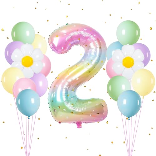 Luftballon 2. Geburtstag, Luftballon 2. Geburtstag Regenbogen Farbverlauf, Weiß Gänseblümchen Folienballons, Latex Partyballons für Kindergeburtstag Babyparty Jubiläum Party von DIELOVEHUA