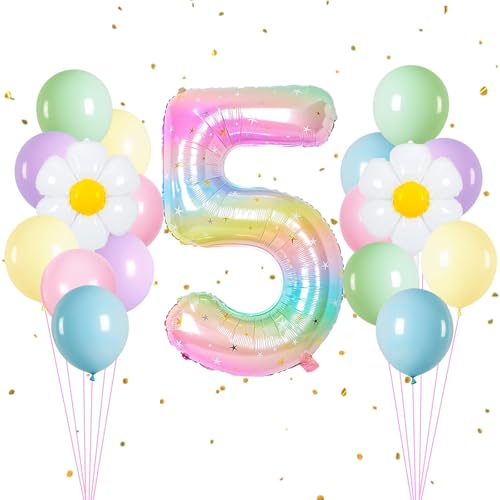 Luftballon 5. Geburtstag, Luftballon 5. Geburtstag Regenbogen Farbverlauf, Weiß Gänseblümchen Folienballons, Latex Partyballons für Kindergeburtstag Babyparty Jubiläum Party von DIELOVEHUA