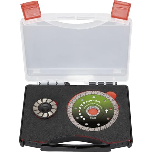 Diewe Schleifscheiben Set - 3x Diamanttrennscheibe Super Thin 115mm und 1x Schleiftopf 50mm, im Kunststoffkoffer Diewe Schleifscheiben Set - 3x Diamanttrennscheibe Super Thin 115mm und 1x Schleiftopf 50mm, im Kunststoffkoffer von DIEWE