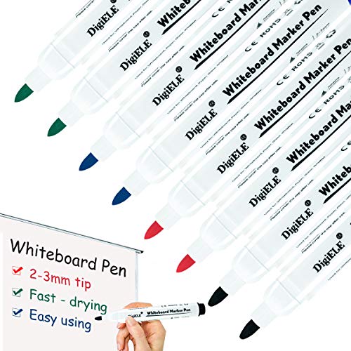 Whiteboard Marker Set, DigiELE 4 Farben Whiteboard Stifte für Magnetic Whiteboards & Flipcharts, Runde Spitze 2-3mm Stift, Trockenlöschung in 1 Stunde & Feuchttuch, Schwarz, Rot, Grün & Blau, 8er Pack von DIGIELE