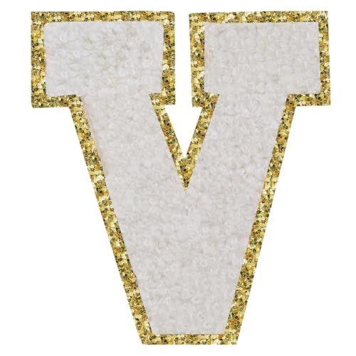 Aufbügler mit Buchstaben zum Aufbügeln, 3 Stück, Varsity Glitzer, Chenille, Buchstabenaufnäher, 11,4 cm, für Kleidung, Rucksäcke, Team-Kostüm, Dekoration, Weiß, V Aufbügler mit Buchstaben zum Aufbügeln, 3 Stück, Varsity Glitzer, Chenille, Buchstabenaufnäher, 11,4 cm, für Kleidung, Rucksäcke, Team-Kostüm, Dekoration, Weiß, V von DIILLEU