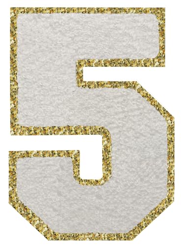 Aufnäher zum Aufbügeln, 3 Stück, Varsity Glitzer, Chenille, Zahlenaufnäher, 11,4 cm, für Kleidung, Rucksäcke, Team-Kostüm, Dekoration, Weiß, 5 Aufnäher zum Aufbügeln, 3 Stück, Varsity Glitzer, Chenille, Zahlenaufnäher, 11,4 cm, für Kleidung, Rucksäcke, Team-Kostüm, Dekoration, Weiß, 5 von DIILLEU