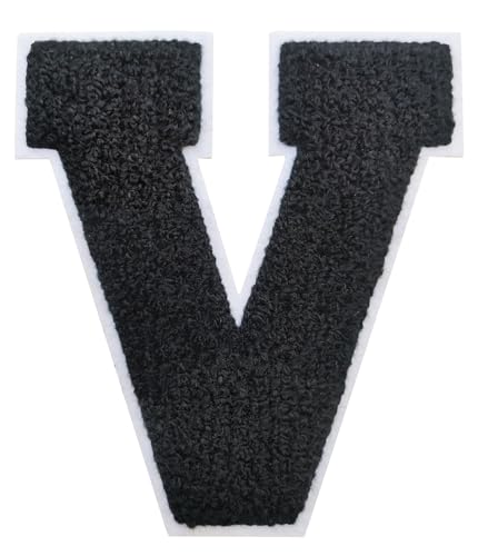 Buchstabenaufnäher zum Aufbügeln, 11,4 cm, Chenille-Buchstaben für Kleidung, Rucksäcke, Team-Kostüm, Dekoration, Schwarz, V von DIILLEU