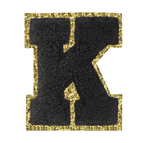 Buchstabenaufnäher zum Aufbügeln, 3 Stück, Varsity Glitzer, Chenille, Buchstabenaufnäher, 11,4 cm, für Kleidung, Rucksäcke, Team-Kostüm, Dekoration, Schwarz K Buchstabenaufnäher zum Aufbügeln, 3 Stück, Varsity Glitzer, Chenille, Buchstabenaufnäher, 11,4 cm, für Kleidung, Rucksäcke, Team-Kostüm, Dekoration, Schwarz K von DIILLEU
