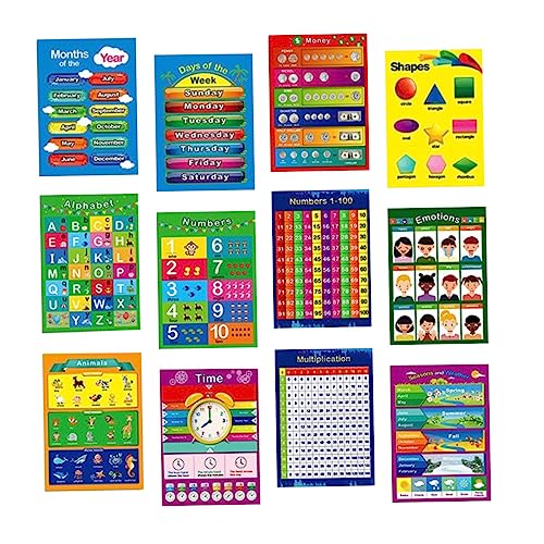 DIKACA 12 Stück Teiliges Bildungsset Kinderposter Farbenfrohes Vorschul Lernposter mit Zahlen Pädagogisch für Kindergarten Klassenzimmer und Kinderzimmer Klare Uv Gedruckte Wanddekoration von DIKACA