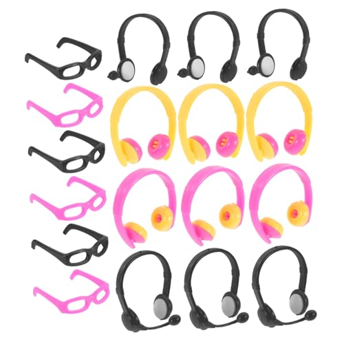 DIKACA 18 Stück Miniatur-Brillen-Requisiten Zubehör Sonnenbrillen für Puppen Kleid Mini-Headset-Ornament Miniatur-Brillenpuppen Puppen-Anzieh-Kopfhörer dekorative Glasdekore Plastik von DIKACA