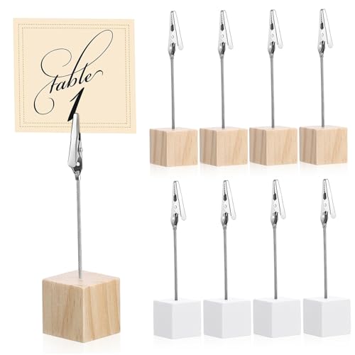 DIKACA 20 Stück Teiliges Holz Fotohalter Clips Platzkartenhalter Notizhalter Tischkartenhalter für Büro Party Hochzeit Stabiler Standfuß Vertikal Kompakte Weiß und Naturfarben von DIKACA