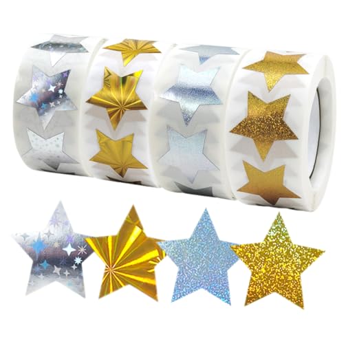 DIKACA 4 Rollen Selbstklebende Sternaufkleber Holografische Glitzer Sterne Wasserfest für Schule Bastelprojekte Geschenkverpackung und Belohnungssysteme Teiliges von DIKACA