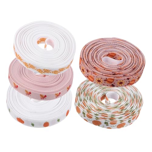DIKACA 5 Rollen Herbstband mit Drahtkante Kürbis und Ahornblatt Thanksgiving Geschenkband für Basteln Robustes Polyester Vielseitig für Scrapbooking Verpackung und Partydeko von DIKACA