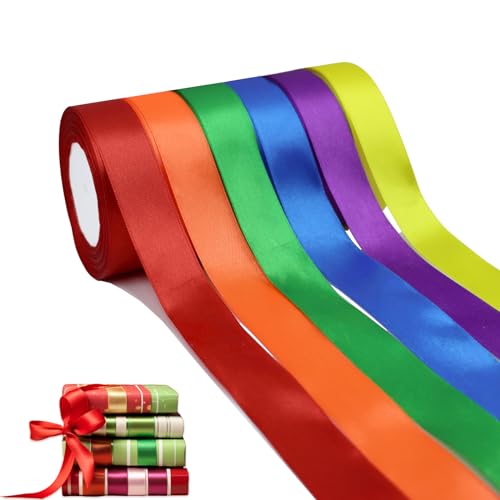 DIKARIYA 22m Regenbogen-Satinband, 6er 25mm Geschenkband Breit Bunte Stoffbänder Seidensatin-Girlande zum Aufhängen Dekoratives Band für Basteln DIY Haarschleife Stuhl Hintergrund Hochzeits Dekoration von DIKARIYA