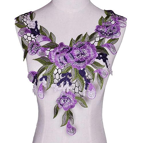 Bestickter Blumen-Ausschnitt, Halsband-Besatz, bestickter Stoff, Blumenspitze, Nähapplikation, Spitzen-Ausschnitt, Kragen-Applikation, DIY-Zubehör, NL076, Rot (lila) von DIMEIYAN