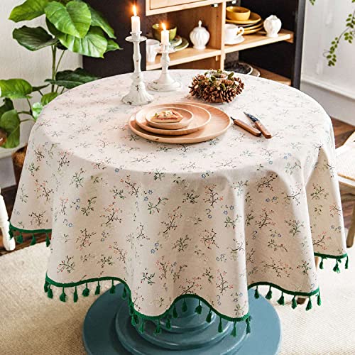 DINGC Tischdecke Rund Baumwolle und Leinen mit Blumendruck, Tischtücher Rund Quastenspitze Abwaschbare, Runde Tischdecke Tablecloth Round benutzt für Esstisch Wohnzimmer Picknick 150cm (Beige) von DINGC