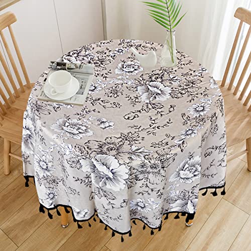 DINGC Tischdecke Rund Baumwolle und Leinen mit Blumendruck, Tischtücher Quastenspitze Abwaschbare, Runde Tablecloth Round benutzt für Esstisch Wohnzimmer Picknick 150cm (Beige), Schwarze Quaste von DINGC