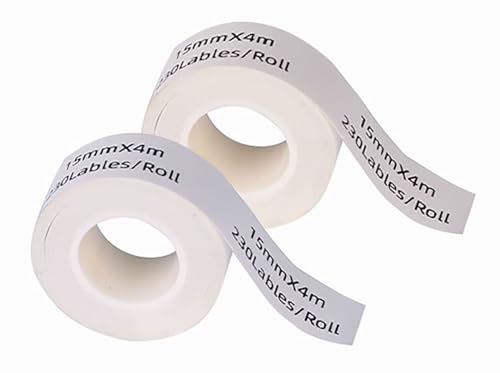 DINGYI Thermopapier, kompatibel mit D35-Etikettenmacher-Bändern, kontinuierlich, transparent, 15 mm x 4 m, 230 Etiketten, Thermodrucker-Papier für Büro, Schule, Weiß, 15 mm x 4 m + 2 R), 2 Rollen von DINGYI