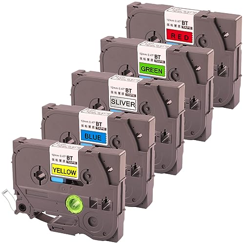 DYINGYI 5-PACK Mehrfarbig Kompatibel für Brother Etikettenband 12mm 0.47inch, Ersatz für P Touch Tze-231 Etikettendruckerband Schwarz auf Blau/Grün/Gelb/Silber/Rot von DINGYI