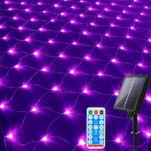 DINOWIN 96LED Solar Lichternetz 1,5x1,5M Lichterkette mit Fernbedienung 8 Modi IP65 Wasserdicht für Garten Weihnachten Hochzeit Party Dekoration Fenster Büsche Terrasse (Lila) von DINOWIN