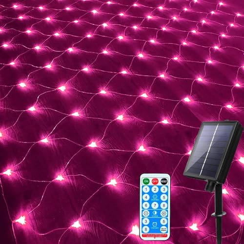 DINOWIN 96LED Solar Lichternetz 1,5x1,5M Lichterkette mit Fernbedienung 8 Modi IP65 Wasserdicht für Garten Weihnachten Hochzeit Party Dekoration Fenster Büsche Terrasse (Rosa) von DINOWIN