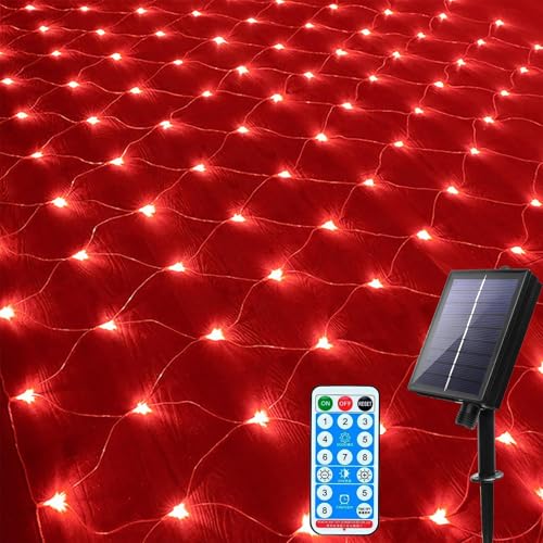 DINOWIN 96LED Solar Lichternetz 1,5x1,5M Lichterkette mit Fernbedienung 8 Modi IP65 Wasserdicht für Garten Weihnachten Hochzeit Party Dekoration Fenster Büsche Terrasse (Rot) von DINOWIN