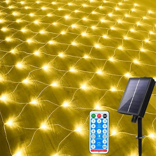 DINOWIN 96LED Solar Lichternetz 1,5x1,5M Lichterkette mit Fernbedienung 8 Modi IP65 Wasserdicht für Garten Weihnachten Hochzeit Party Dekoration Fenster Büsche Terrasse (Warmweiß) von DINOWIN