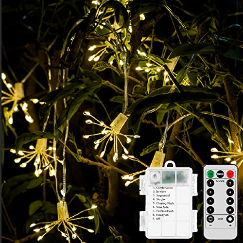 DINOWIN Feuerwerk Lichterkette Außen LED Wasserdicht Starburst Lichterkette Batteriebetrieben mit 8 Modi Fernbedienung für Weihnachten Halloween Innen Outdoor Garten Deko (10in1 150LED) von DINOWIN