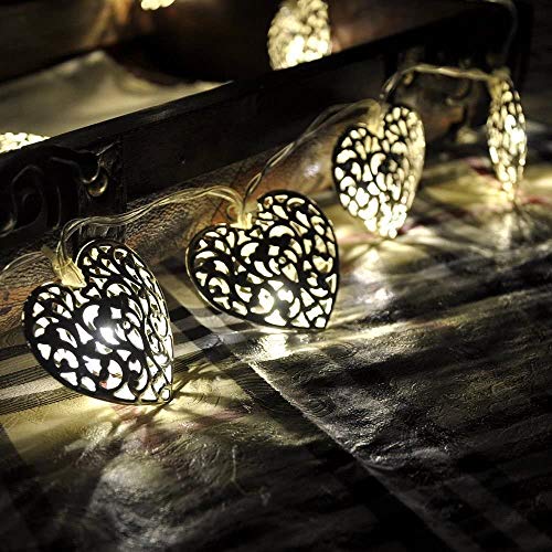 DINOWIN Herz Lichterkette, 20 LED Lichterkette mit LEDs in Herzform batteriebetrieben für Terrasse, Weihnachten, Hochzeit, Valentinstag (Silber) von DINOWIN