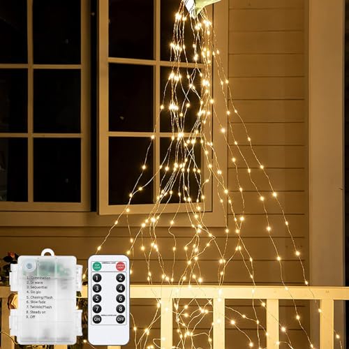 DINOWIN Lichterschweif 14 Strängen 280 LED Lichterbündel mit Fernbedienung Lichterkette Wasserfall Wasserdichte Mini Lichterkette Batteriebetrieben für Garten Weihnachten Balkon Gießkanne (1 Stück) von DINOWIN