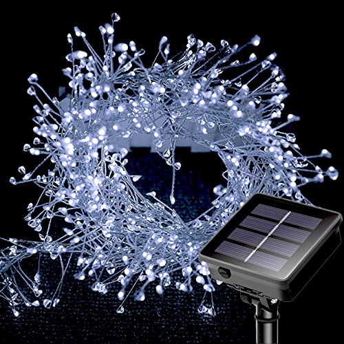 DINOWIN Solar Cluster Lichterkette Außen 19.68Ft 200 LED Wetterfest 8 Modi Silber Draht Lichterkette Outdoor für Balkon Garten Terrasse Party Hochzeit Deko (Weiß) von DINOWIN