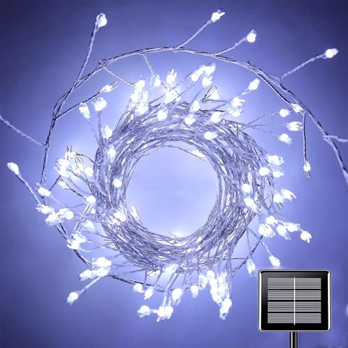 DINOWIN Solar Cluster Lichterkette Außen 29.5Ft 300 LED Wetterfest 8 Modi Silber Draht Lichterkette Outdoor für Balkon Garten Terrasse Party Hochzeit Deko (Weiß) von DINOWIN