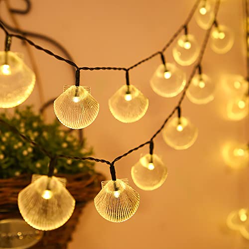 DINOWIN Solar Lichterkette Muscheln 16.4FT 30LED Wasserdicht 8 Modi Muschelkette Schale Lichterkette Deko für Strand Badezimmer Halloween Hochzeit Deko (Warmweiß) von DINOWIN