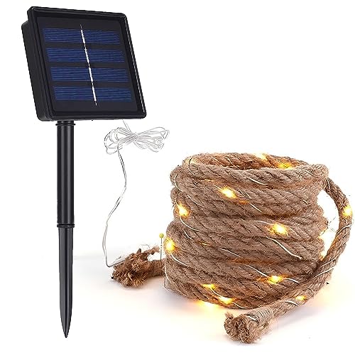 DINOWIN Solar Lichterkette Seil Aussen Wetterfest Sisalstern Beleuchtet Lampe Vintage LED Hanfseil Gartenleuchte Deko für Garten Terrasse Balkon Bäume Weihnachten (10M 200 LED) von DINOWIN