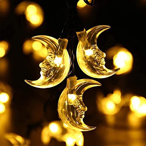 DINOWIN Solar Mond Lichterketten 15.75ft 20 LED Wasserdichte Lichtervorhang Außen Mond Weihnachten Lichterketten für Ramadan Party Garten DIY Deko (Warmweiß) von DINOWIN
